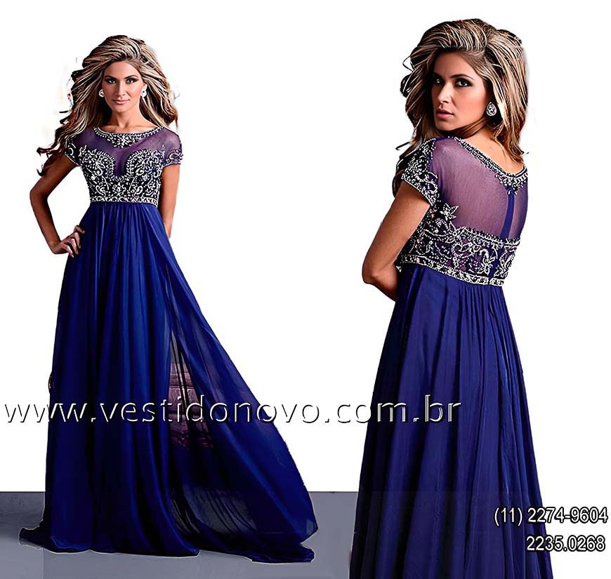 Vestido mae da noiva, azul royal, transparncia e pedraria 