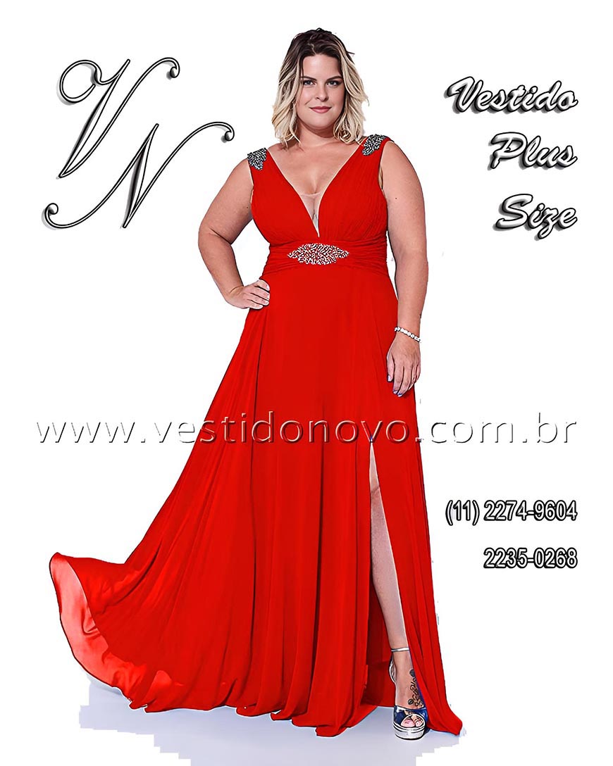 Vestido de festa vermelho, com fenda e decote, Plus size, tamanho grande, So Paulo